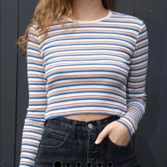 Brandy Melville Tops - Brandy Melville Long Sleeve Striped Ribbed T-Shirt in White Blue Yellow Red